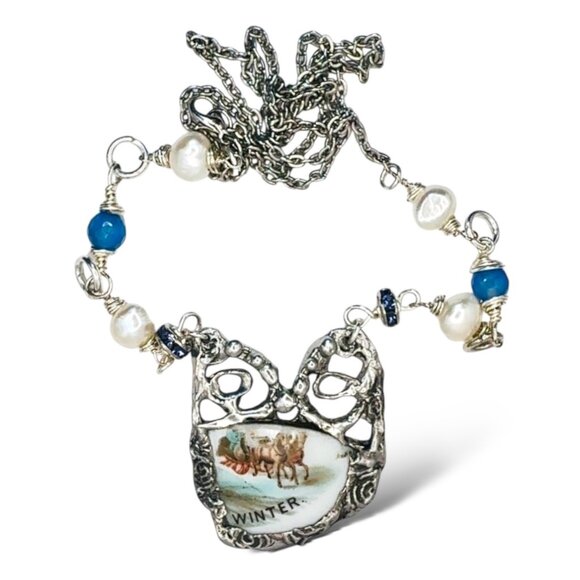 Courier & Ives Winter Pendant Necklace With Handcrafted Boho Metalwork & Pearls - Picture 5 of 13